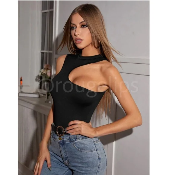 Black Bodysuit Mock Neck Cut Out Sleeveless - Picture 5 of 6